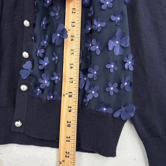 Karl Lagerfeld Paris Cardigan Sweater Size L Blue Sheer Front 3D Flowers - Picture 10 of 12